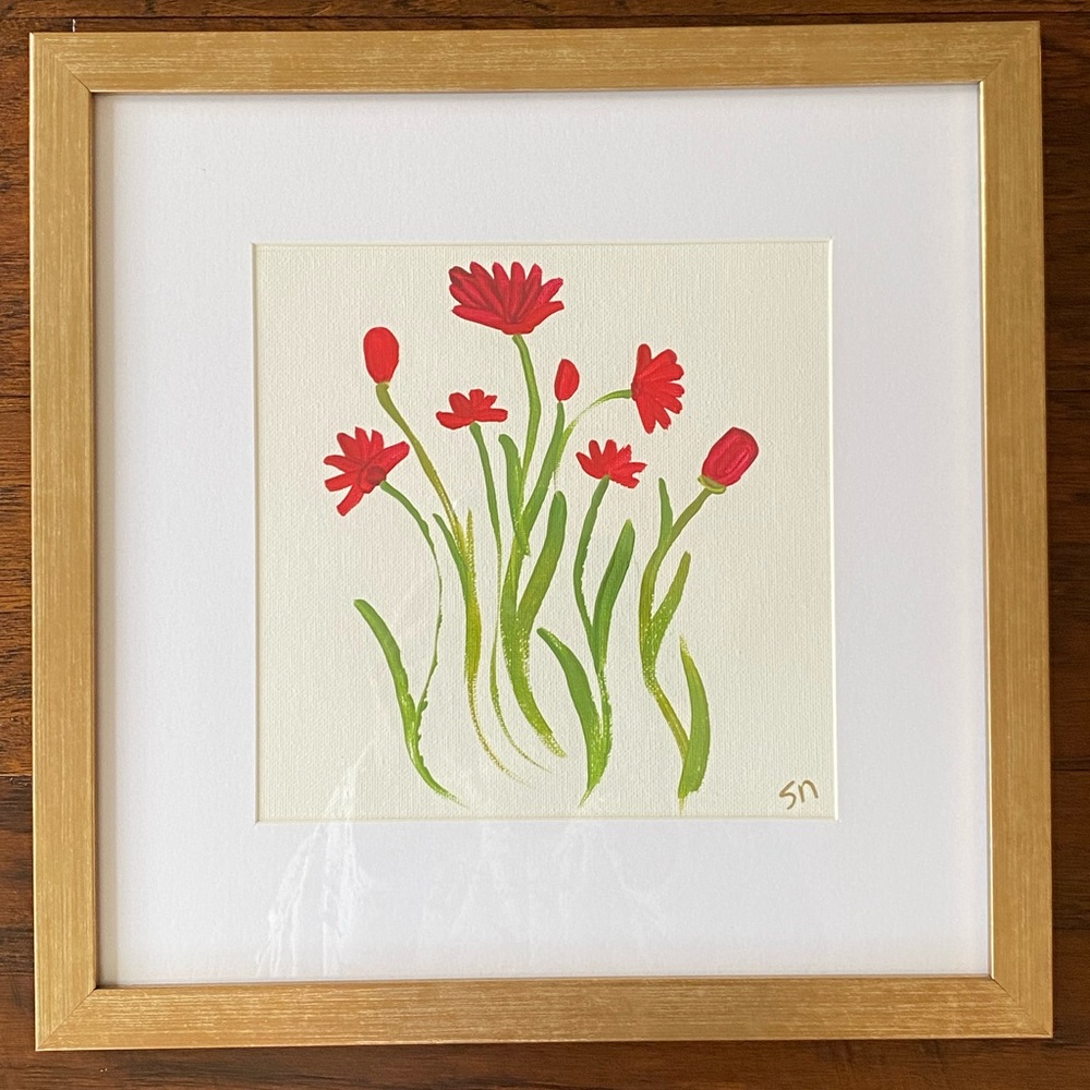 Original painting by Stacey Nelson, in a gold frame with glass. Size 13x13